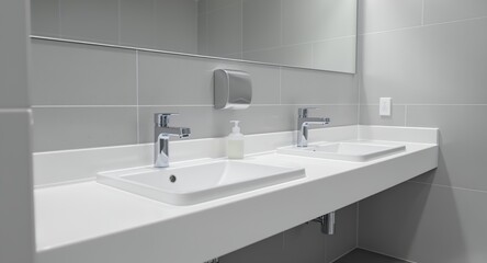 Modern Public Restroom with Double Sinks Chrome Faucets White Countertop and Gray Tiled Wall