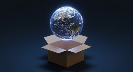 A glowing Earth floating above open eco-friendly packaging