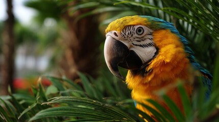 realistic photo of vibrant parrot with colorful feathers in natural setting