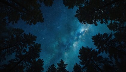 View of starry night sky framed by dark forest canopy silhouettes. Celestial panorama shows Milky Way, countless stars against deep blue. Peaceful, magical atmosphere evokes wonder and awe.