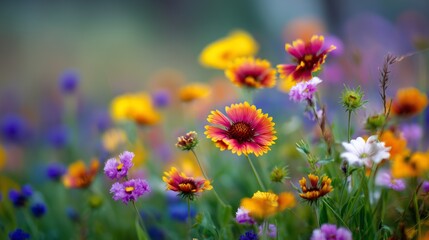 closeup of colorful wildflowers with shallow depth of field and soft focus