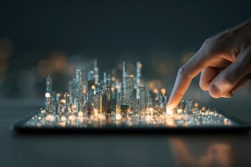 A hand touches a digital city model displayed on a tablet