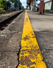 Obraz premium Bright Yellow Safety Line along Railroad Platform Edge at Railway Station on Sunny Day