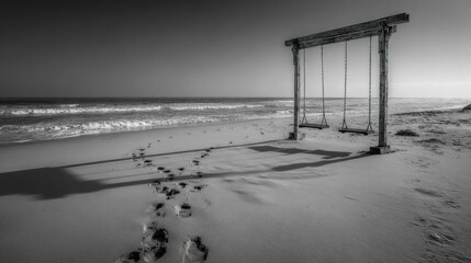 Black and white beach scene with swing set, footprints in the sand, and ocean waves