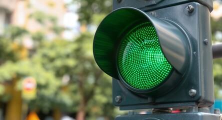 Bright Green Traffic Light Signal for Go Proceeding and Urban Road Safety Guidance