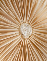 Detailed Close Up of Mushroom Gills Showing Radial Pattern and Organic Texture in Beige Tones