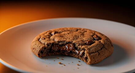Fototapeta premium Bitten chocolate chip cookie on white plate with warm gradient