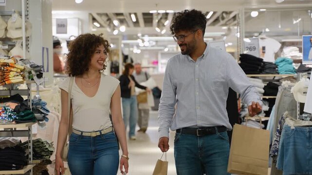 Happy couple carrying shopping bags in clothing store