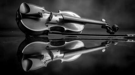 Grayscale violin and bow rest above its waterlike reflection, classic and somber