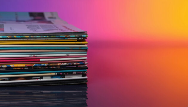 Stack of colorful magazines with varied covers, pages against vibrant gradient background. Features thin pages, diverse printed content, perfect for design projects, modern aesthetic, publication