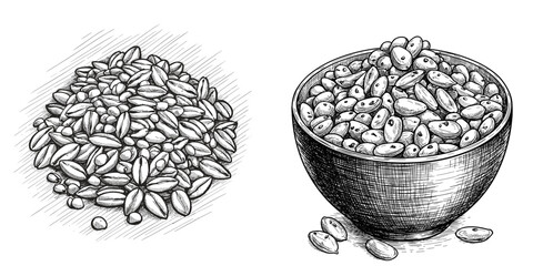Freekeh Grains in Bowl and Scattered Sketch. Monochrome vector line art, healthy ancient cereal, organic food concept. For culinary blogs, grocery promotions, diet guides