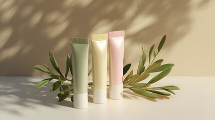 Pastel tubes on neutral backdrop with olive branch, showcasing minimalist beauty product presentation.