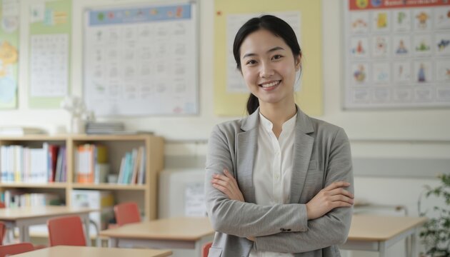 Confident Korean female teacher stands with crossed arms in brightly lit classroom. Smiling at camera, middle-aged educator wears grey blazer over white shirt. Classroom setting includes bookshelves - Powered by Adobe