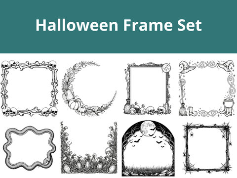 Halloween Frame Set. Hand-drawn black and white borders with spooky elements: spiderwebs, skulls, snakes, and pumpkins. For invitations, greeting cards, posters, packaging and DIY craft 