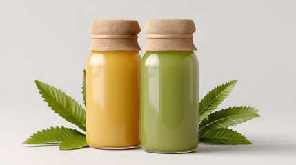 Two bottles of fresh juice in yellow and green, decorated with leaves and rustic toppers, isolated.