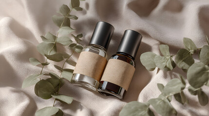 Two cosmetic bottles with earthy labels and dark caps, surrounded by eucalyptus leaves on soft fabric.