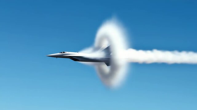 Jet Aircraft Breaking the Sound Barrier in a Clear Blue Sky Creates Stunning Vapor Cone Effect