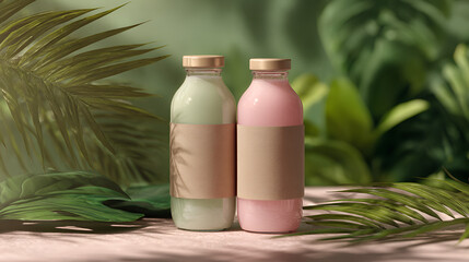 Two pastel-colored drinks in glass bottles with blank labels, surrounded by lush tropical foliage.