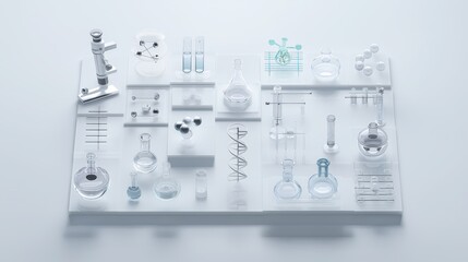 白い背景に配置された複数の実験器具と分子モデルの俯瞰図 | Overhead view of multiple laboratory equipment and molecular models arranged on a white background