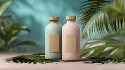 Two pastel-colored bottles with paper labels stand amidst lush tropical foliage, conveying natural elegance.