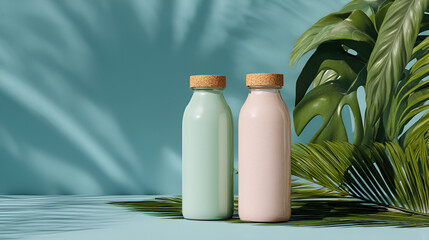 Botanical Beverage Display: Two pastel drinks with tropical foliage against a blue background with leaf shadows.