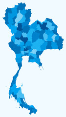 Obraz premium Map of Thailand with regions. Just a simple country border map with region division. Light blue color palette. Blank Thailand shape with administrative division. Vector illustration.