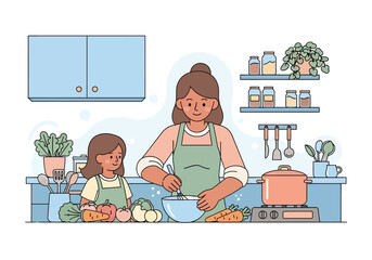 Flat illustration of mother and daughter cooking together in a cozy kitchen, mixing salad and preparing vegetables, showcasing family time and home cooking