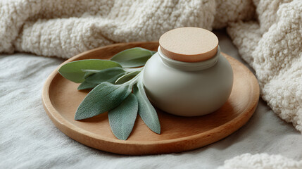Aromatic herbs and a container on a wooden platter for a calming wellness aesthetic. Earthy & natural.