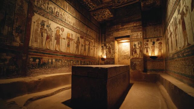Cinematic shot of a richly painted tomb chamber with intricate wall art and an open stone sarcophagus