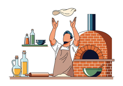 Flat illustration of a smiling pizza maker tossing dough in the air, with a brick oven, rolling pin, oil bottles, and mixing bowl nearby, ready to bake a fresh pizza