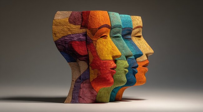 Colorful sculpted heads in profile view