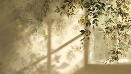Soft light filters through leaves onto a pale wall
