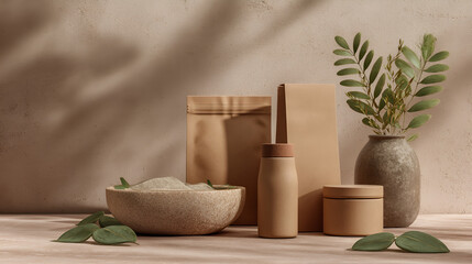Neutral toned cosmetic and packaging arrangement. Focus on natural beauty, wellness, and eco-friendly product design.