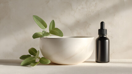 Aromatic Essence: Natural dropper bottle next to fresh sage in a bowl on a simple stone surface.