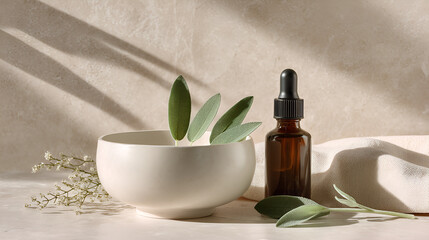 Botanical Still Life: Essence bottle, sage leaves, bowl and flowers on a neutral toned background.
