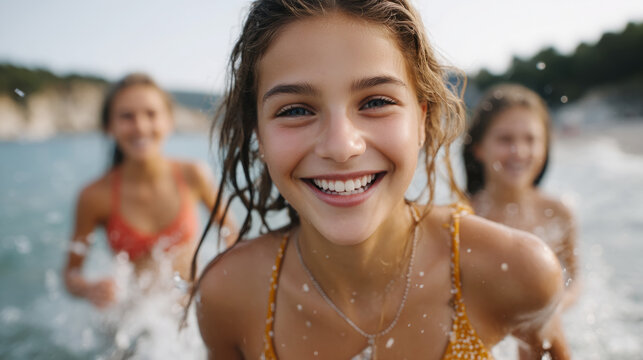 Smiling caucasian teen girl enjoying a beach day with friends and splashing water
