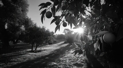 Black and white farm scene with oranges on trees and sunbeams in the sky