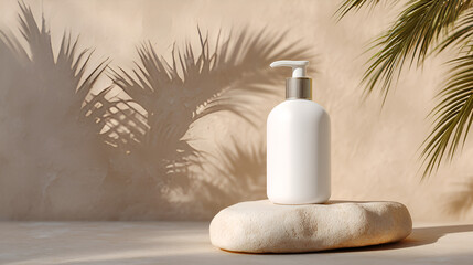 Elegant dispenser bottle on stone, illuminated by gentle sunlight and palm leaf shadows for skincare concept.