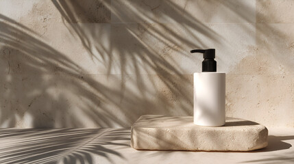 Minimalist dispenser on a stone platform with soft shadows creates a calming, spa-like ambiance.