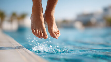 Teen joyfully jumping mid-air into refreshing pool water on a sunny day