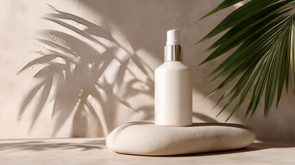 Elegant dispenser on a stone, bathed in natural light and tropical leaf shadows. Serene and minimalist.
