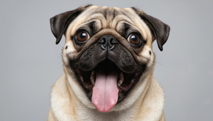 Close-up portrait of pug dog with surprised, excited expression. Dog shows tongue, teeth, with wide eyes, perked ears. Furry face features prominent wrinkles, black muzzle. Isolated on plain gray