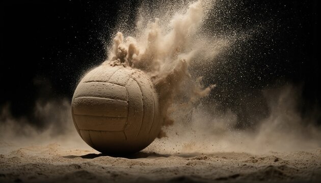 Volleyball mid-air impact kicks up sand and dust. Powerful action shot captures ball, sand, dust explosion mid-flight. Dynamic sports photography shows energy, motion, and detail.