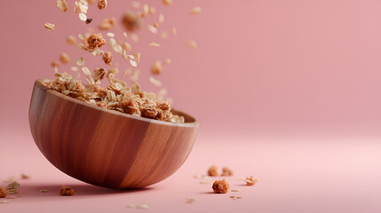 Breakfast cereal spilling into a wooden bowl against a blush pink backdrop. Cereal pieces float in air.
