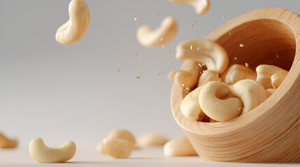 Cashews spilling from a wooden bowl with some scattering on a neutral surface. Close-up shot.