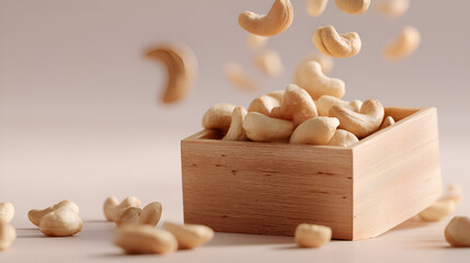 Cashews falling into a wooden box, some scattered on the surface below in a neutral toned scene.