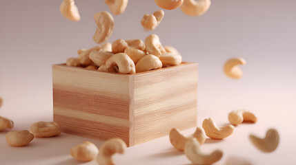 Cashews overflow from a wood box as more fall from above, highlighting the freshness of the snack.