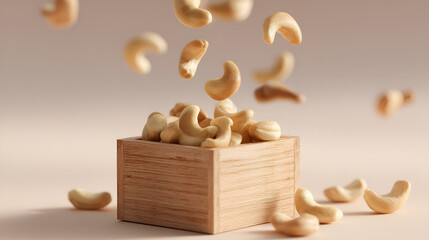 Cashews cascade into a wooden box, surrounded by a neutral backdrop, showcasing natural nut product.