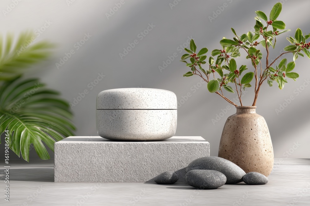 Aufkleber cream jar and potted plant sit on a surface while sunlight shines on them in a minimalist space crea