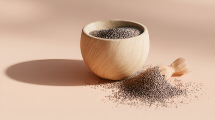 Wooden bowl overflowing with seeds. Close-up of healthy eating concept. Rustic, minimalist style.